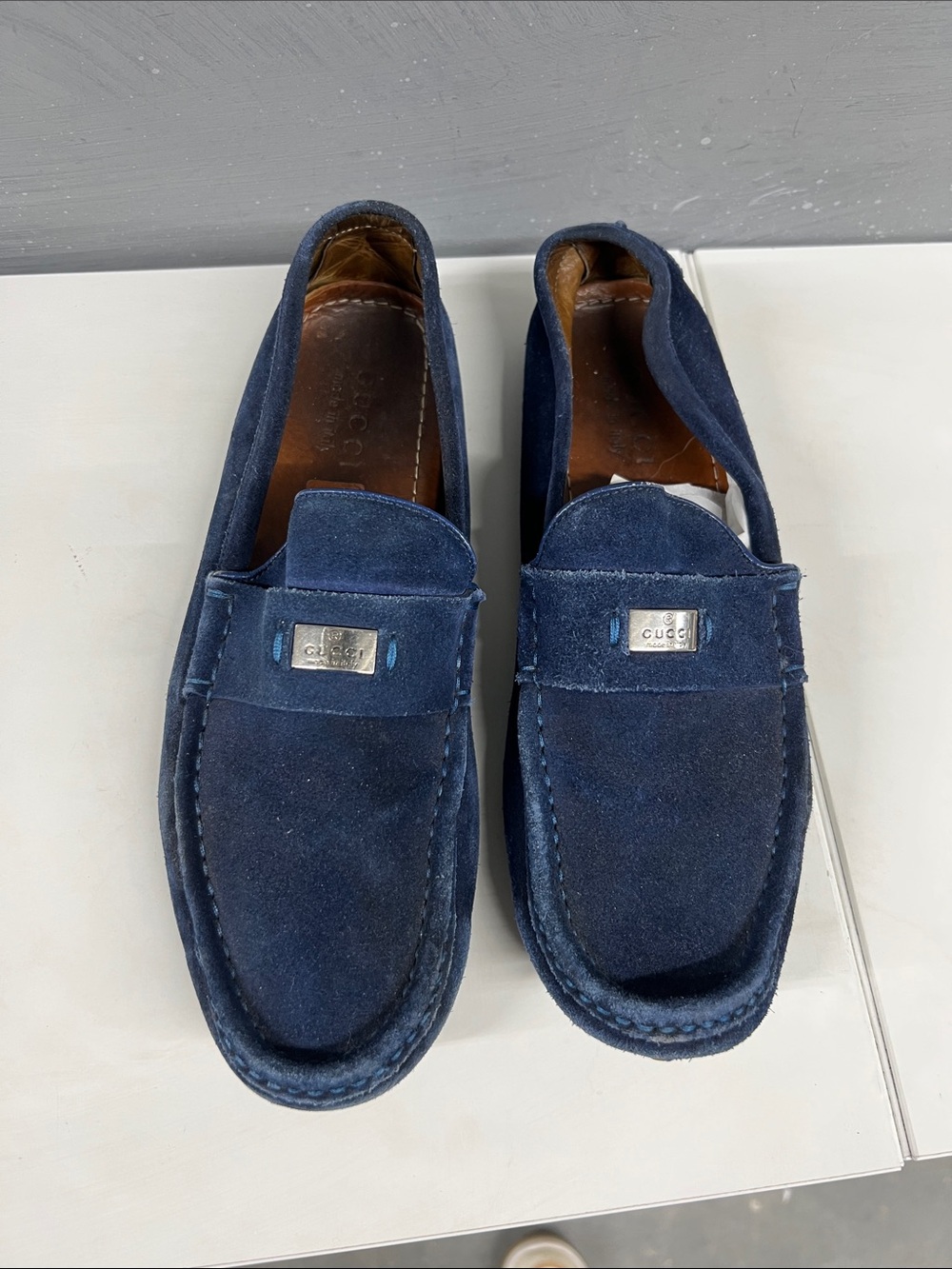 Gucci Navy Suede Loafers with Metal Logo Plaque
